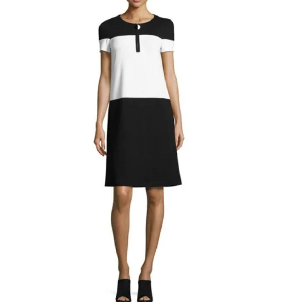 LAFAYETTE 148 Black White Colorblock Jersey Short Sleeve Shift Dress Size Medium
